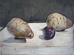 Two Pears, Plum, White Cloth